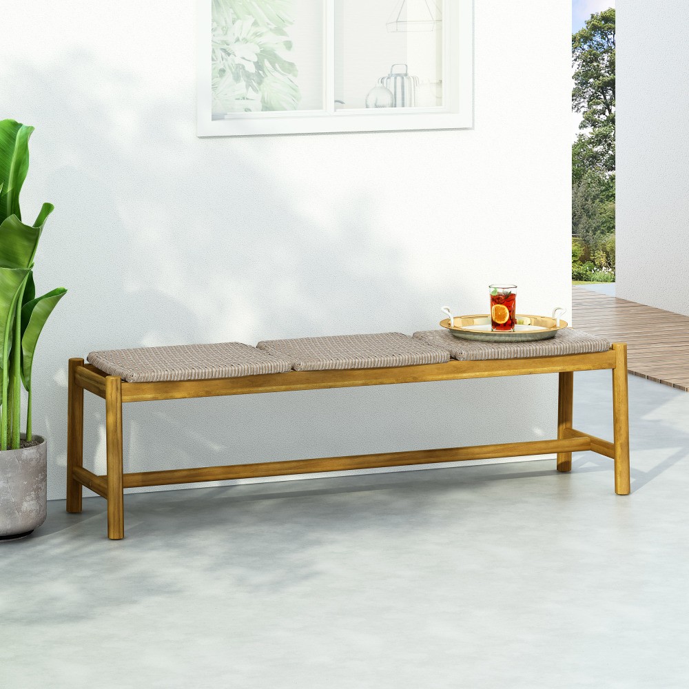 Teak Acacia Wood 3-Seater Bench, Rattan Woven, Rustic Outdoor Patio Furniture