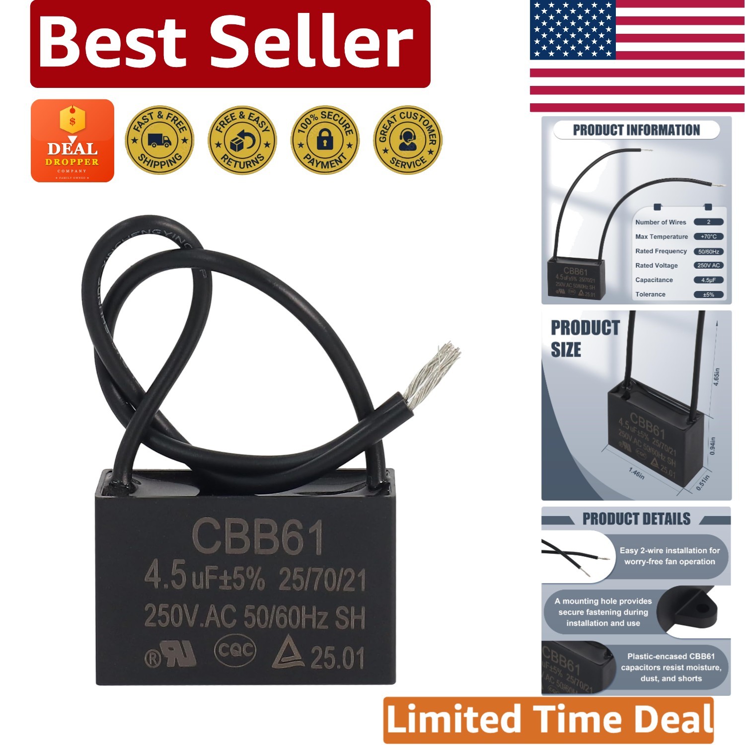 Easy Install 4.5uF Ceiling Fan Capacitor - Compatible with 250-450VAC Systems