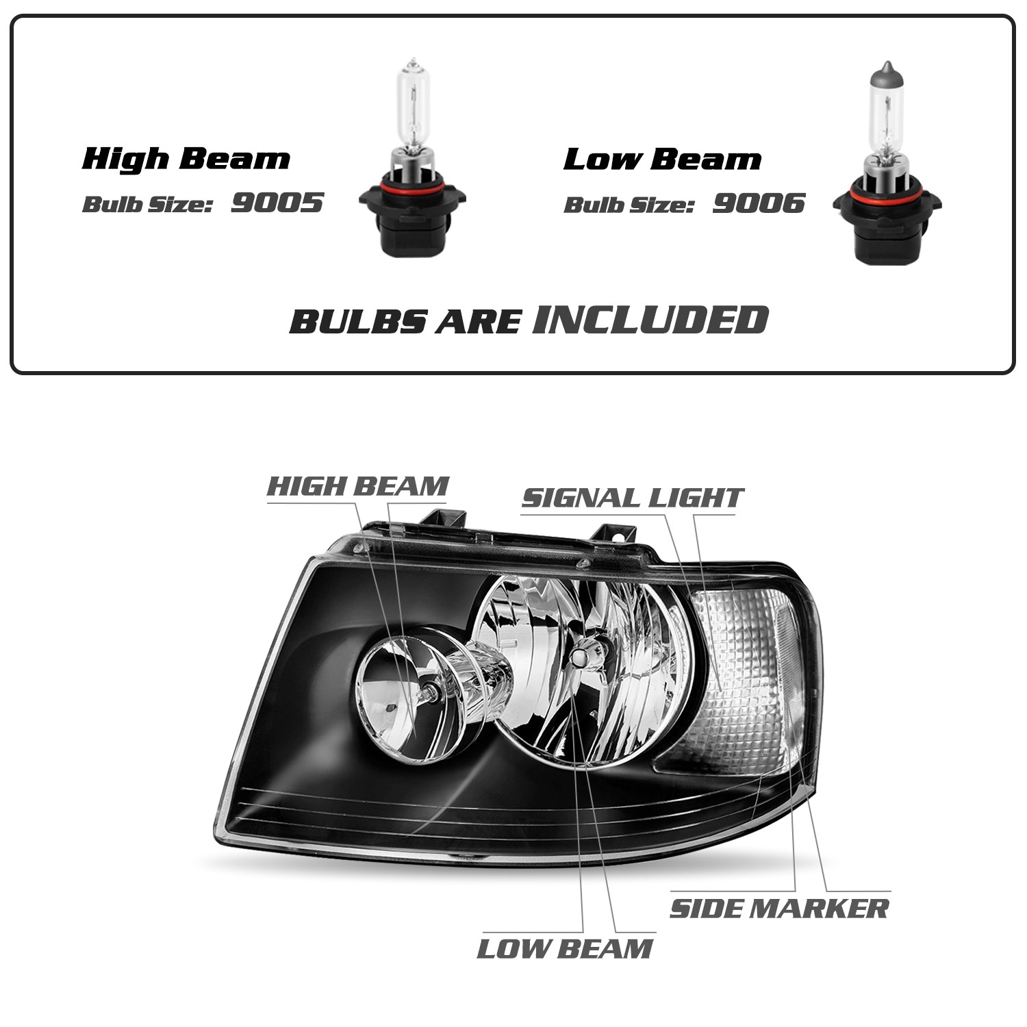 For 2003-2006 Ford Expedition Black Clear Headlights Assembly Pair W/Bulbs