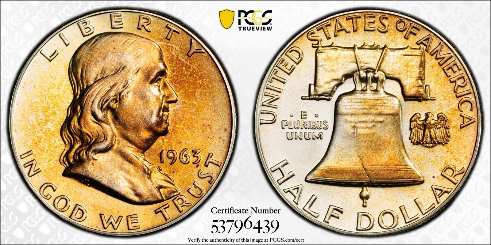1963 Silver Proof Franklin Half Dollar PCGS PR66 Gold Toned - Great EYE APPEAL!