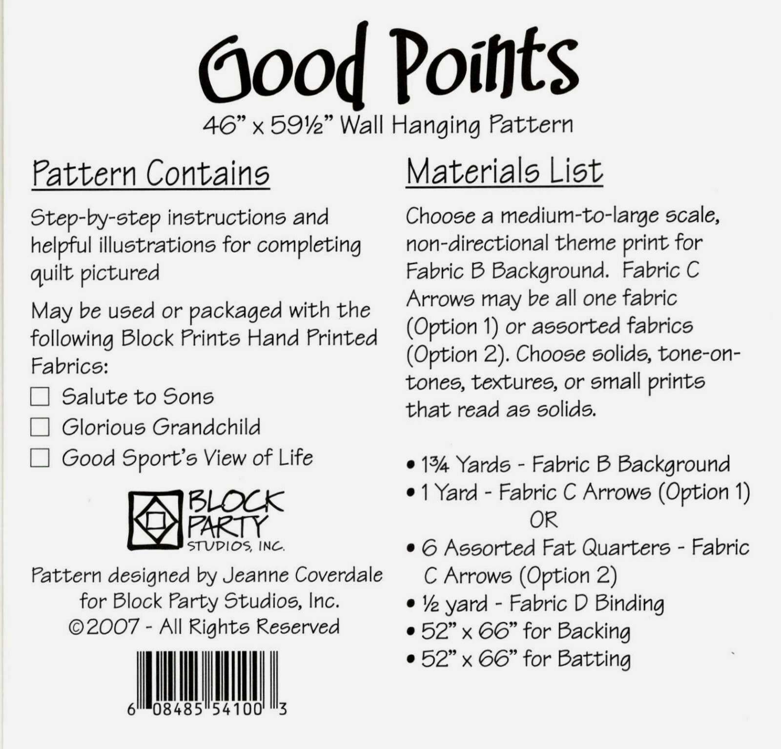 Good Points Wall Quilt Quilting Pattern by Block Party Studios #54100