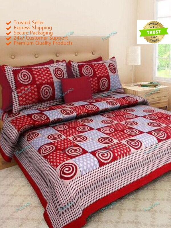 Modern Desginer Geometric Printed Cotton Double Bed Sheet With 2 Pillow Cover
