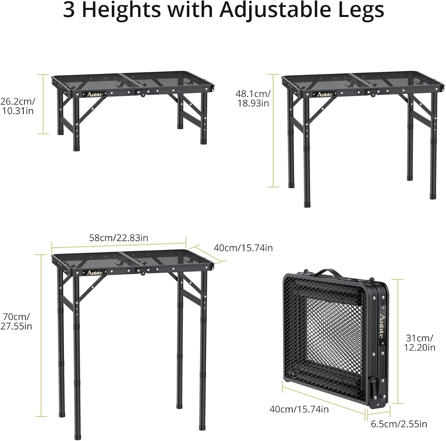 Folding Grill Table, Aluminum Camping Table Adjustable Height Max 27.5" Picnic T