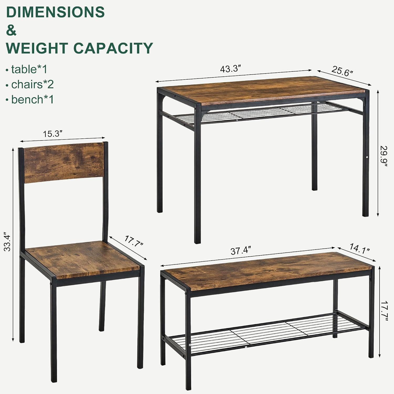 Kitchen Dining Room Table with 2 Chairs & Bench, Compact Space-Saving Design, Ea