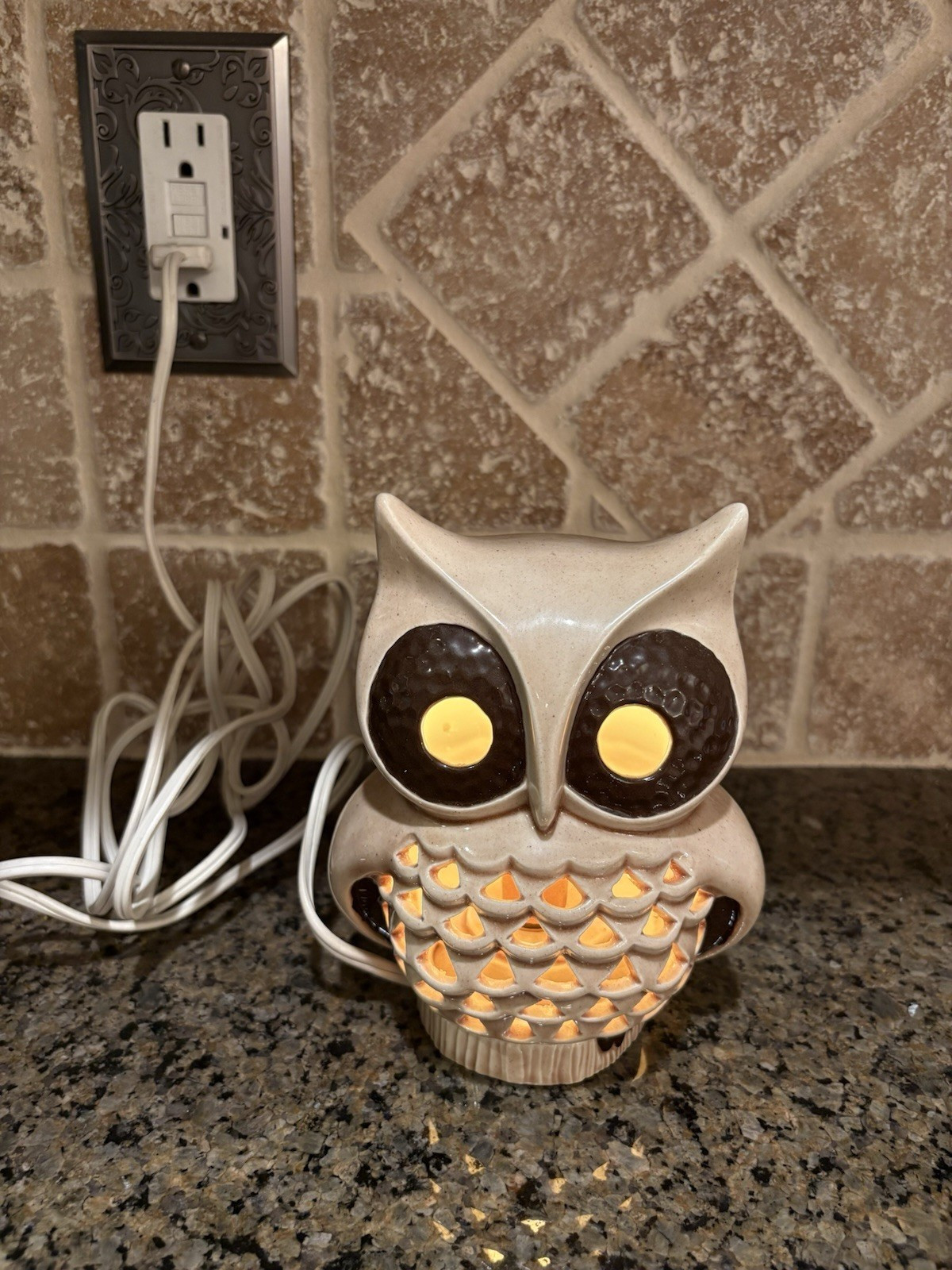 Ceramic Glazed Owl Night Light Corded Electric Beige Brown Warm White