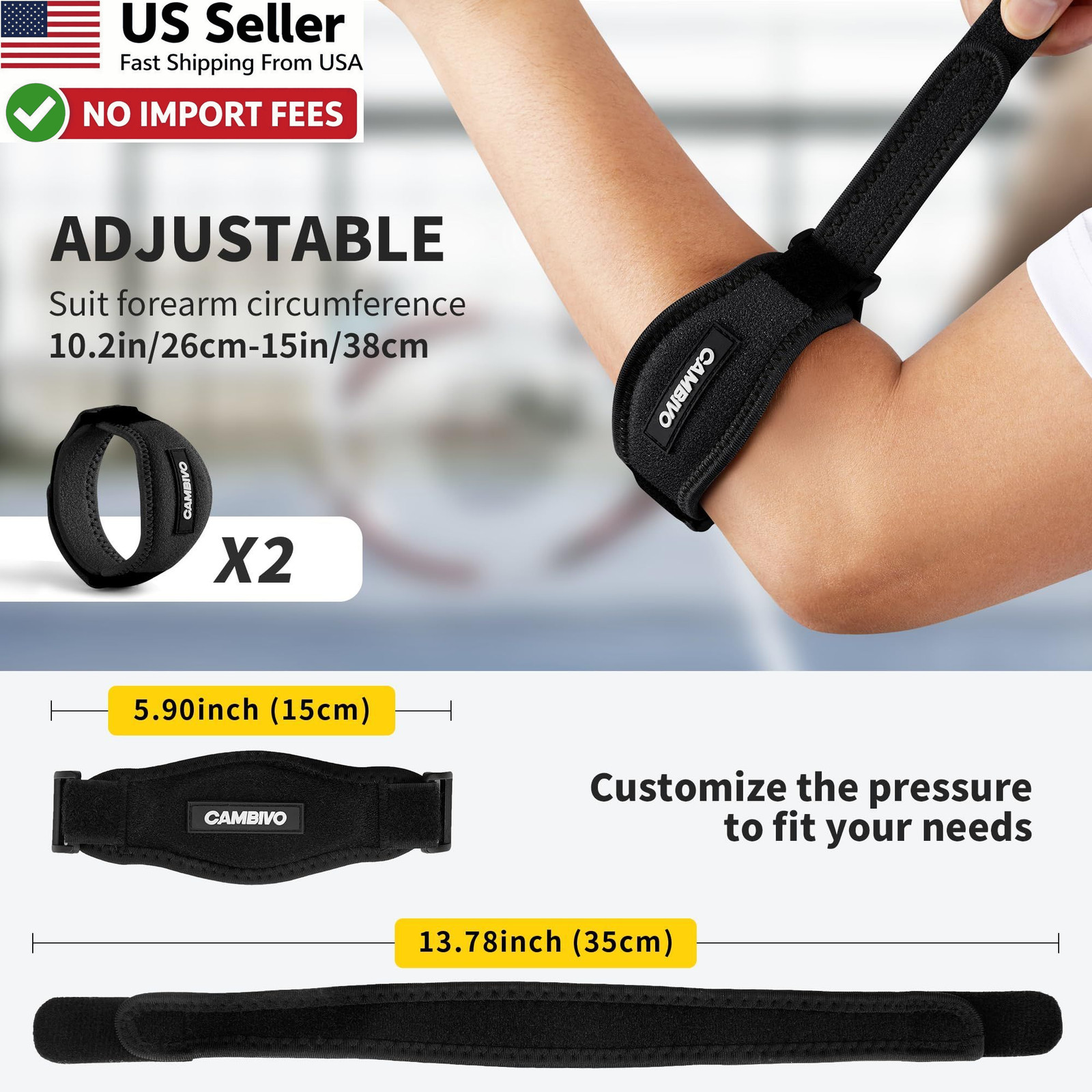 CAMBIVO 2 Pack Tennis Elbow Brace Counterforce Compression Support FROM USA