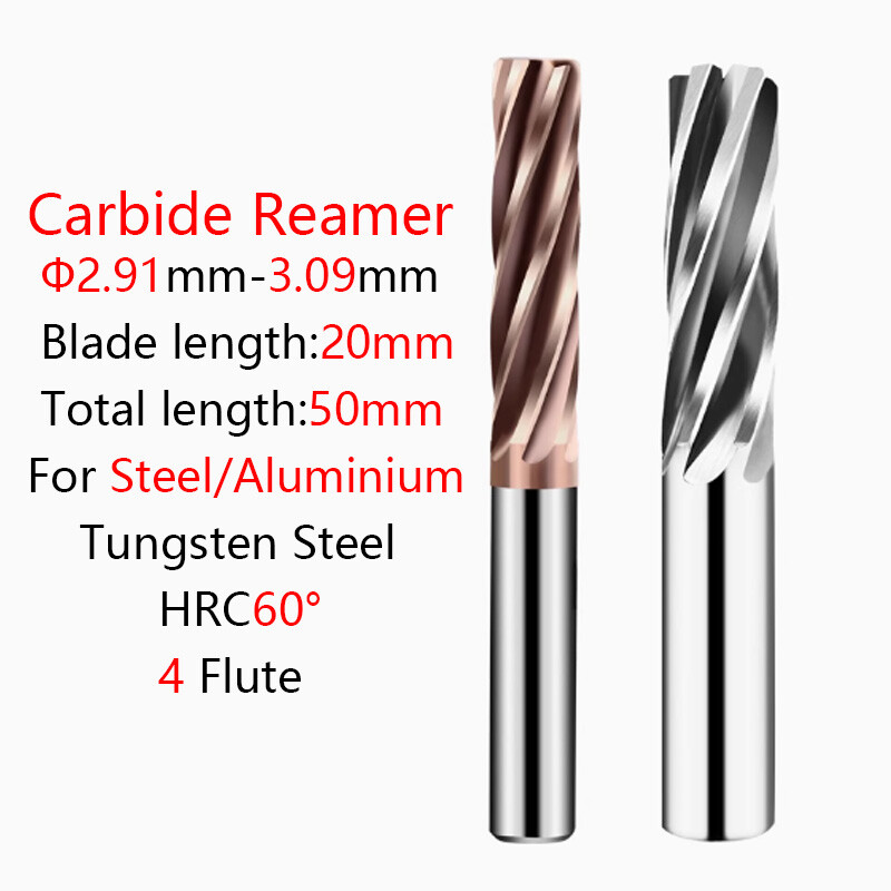 Ф2.91mm-3.09mm HRC60 Carbide Reamer 4 Flutes Spiral Reamer For Steel/Aluminium