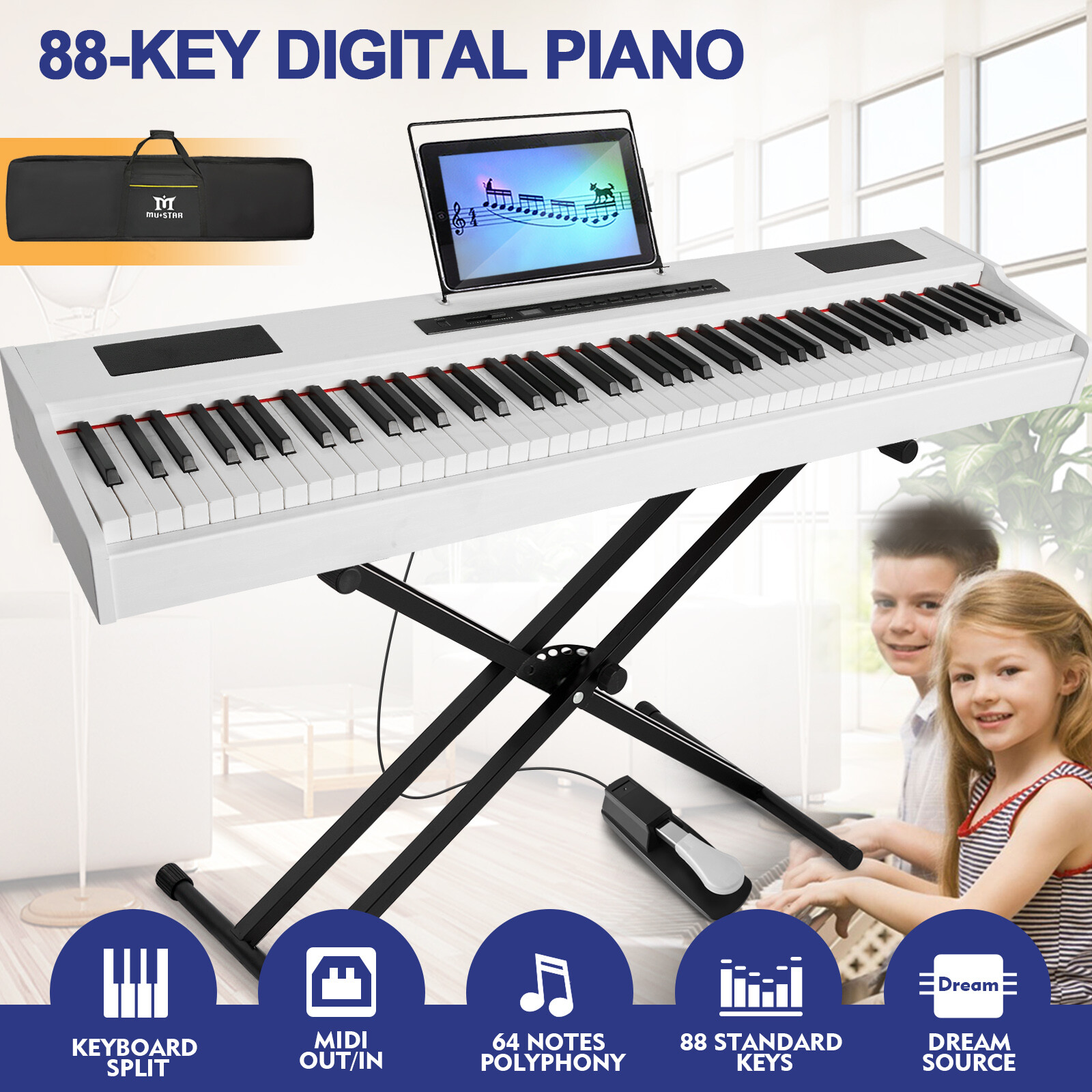 White 88 Keys Digital Piano Hammer Action Keyboard with Stand+Pedal+Bag
