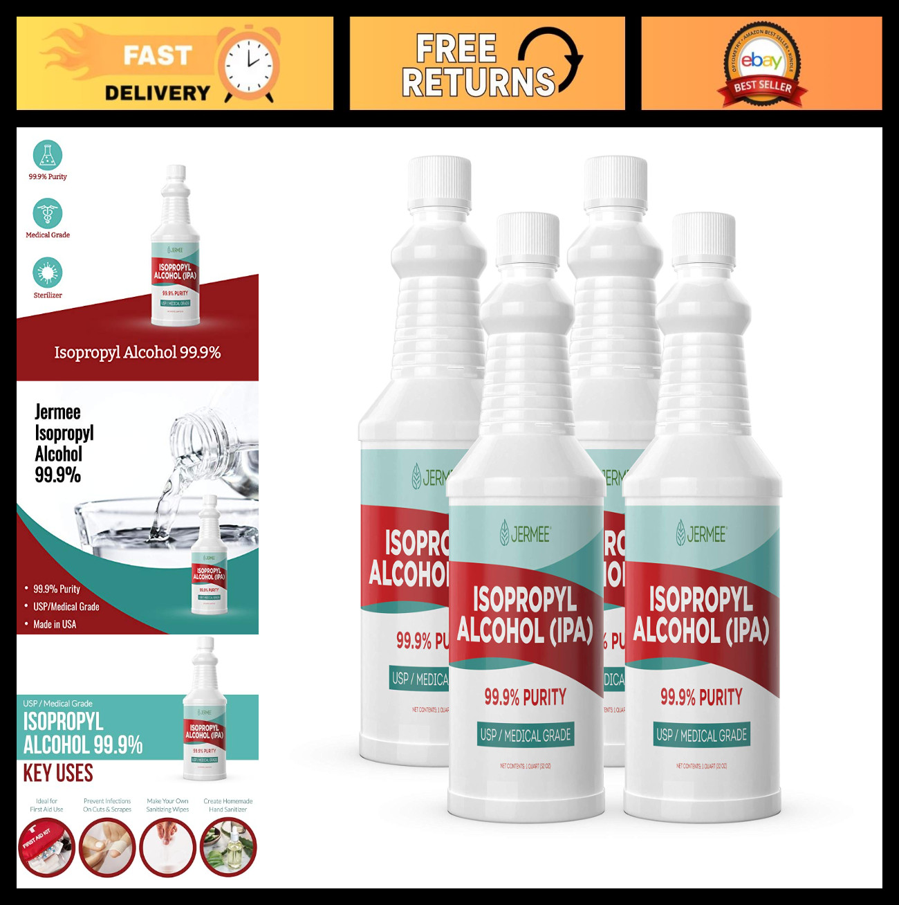 99.9% Pure Isopropyl Alcohol - USP Medical Grade Rubbing Alcohol 128 oz - USA Ma