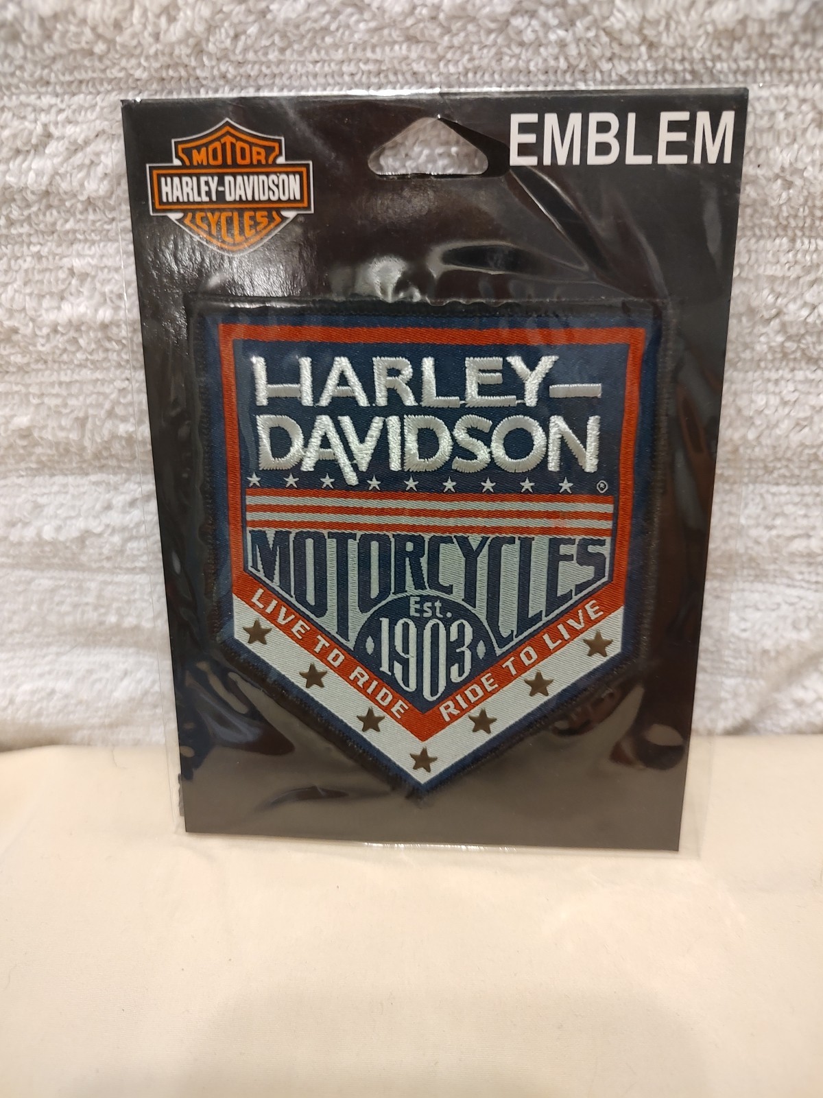 Harley Davidson Sew On Emblem, W/1903 Live To Ride, Ride To Live Logo