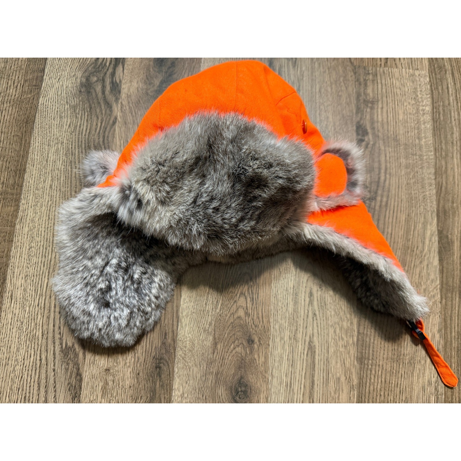 Blaze Orange Trapper Hat Genuine Rabbit Fur Trim Hunting Winter Bomber Cap