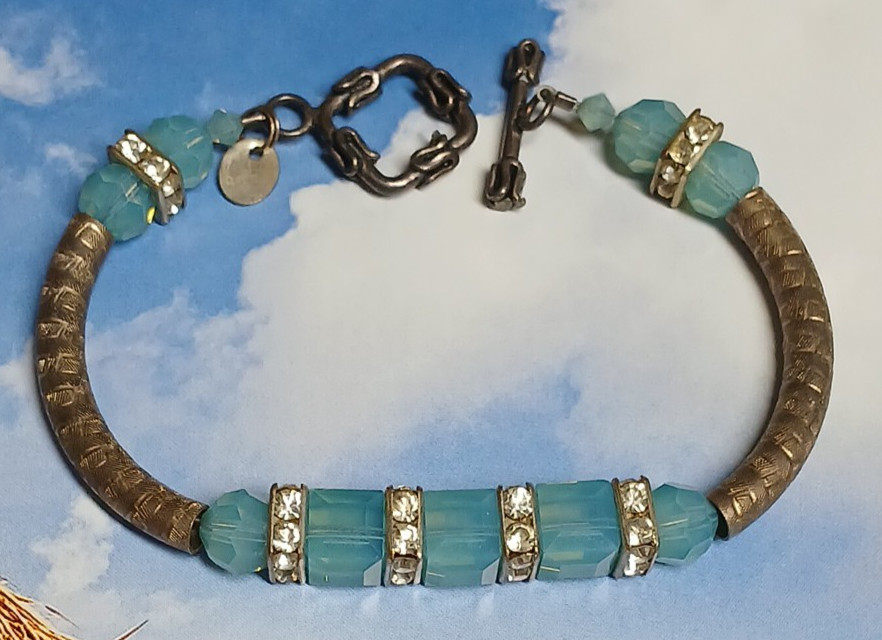 Aqua Colored Glass Square & Clear Rhinestone Rondelle Silver Tone Toggle Bracele