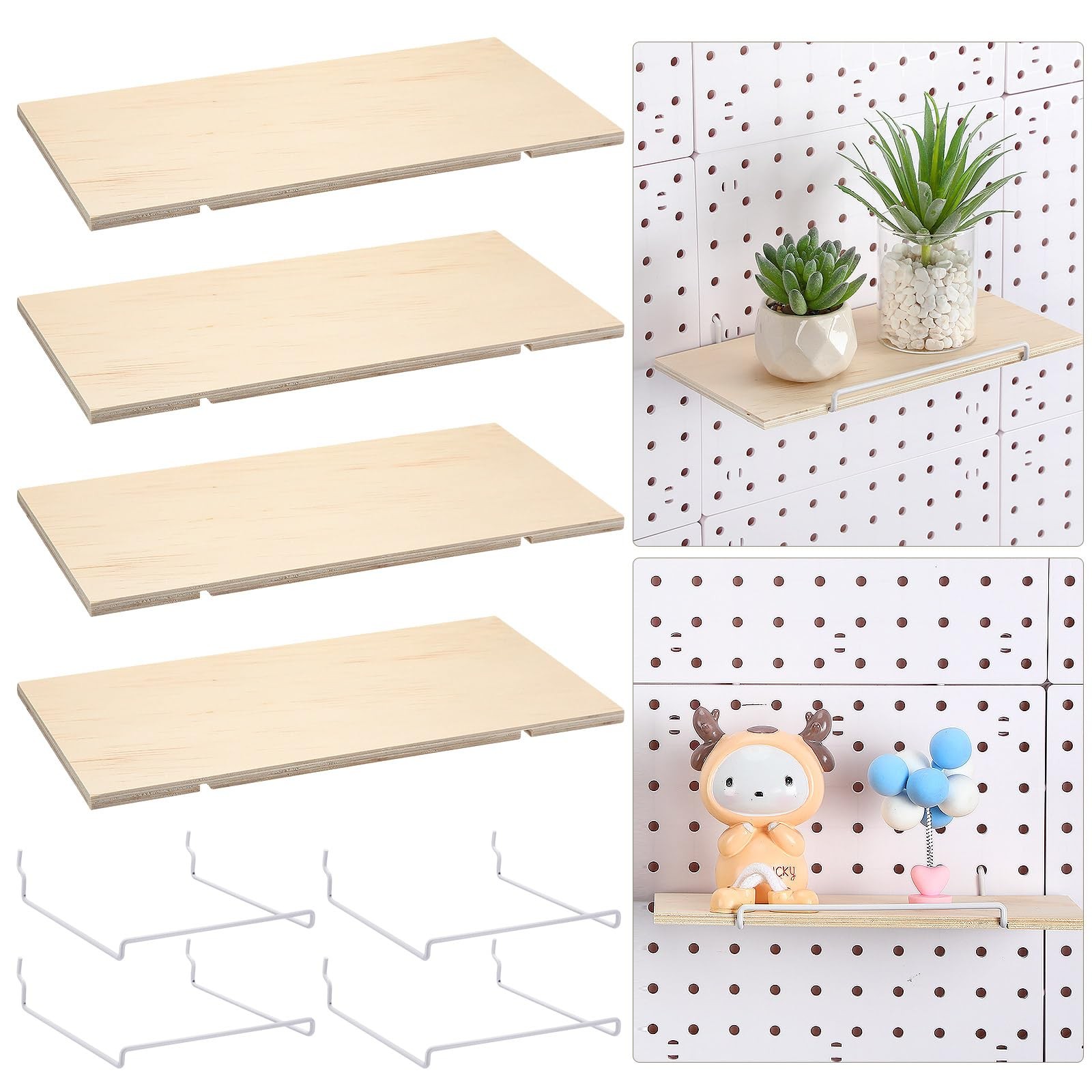 4 Pcs Wooden Pegboard Shelves with Metal Pegboard Shelf Brackets Peg Board Di...