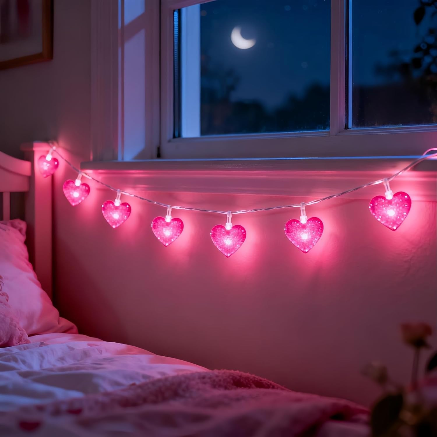 Pink Heart Decorative Lighting String, 10 Count Pink LED and 9 FT White Wire,...