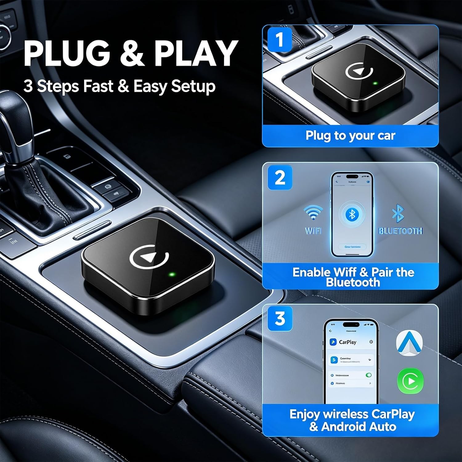 Wireless CarPlay Android Auto Adapter 2-in-1 Convert Wired to Wireless USB