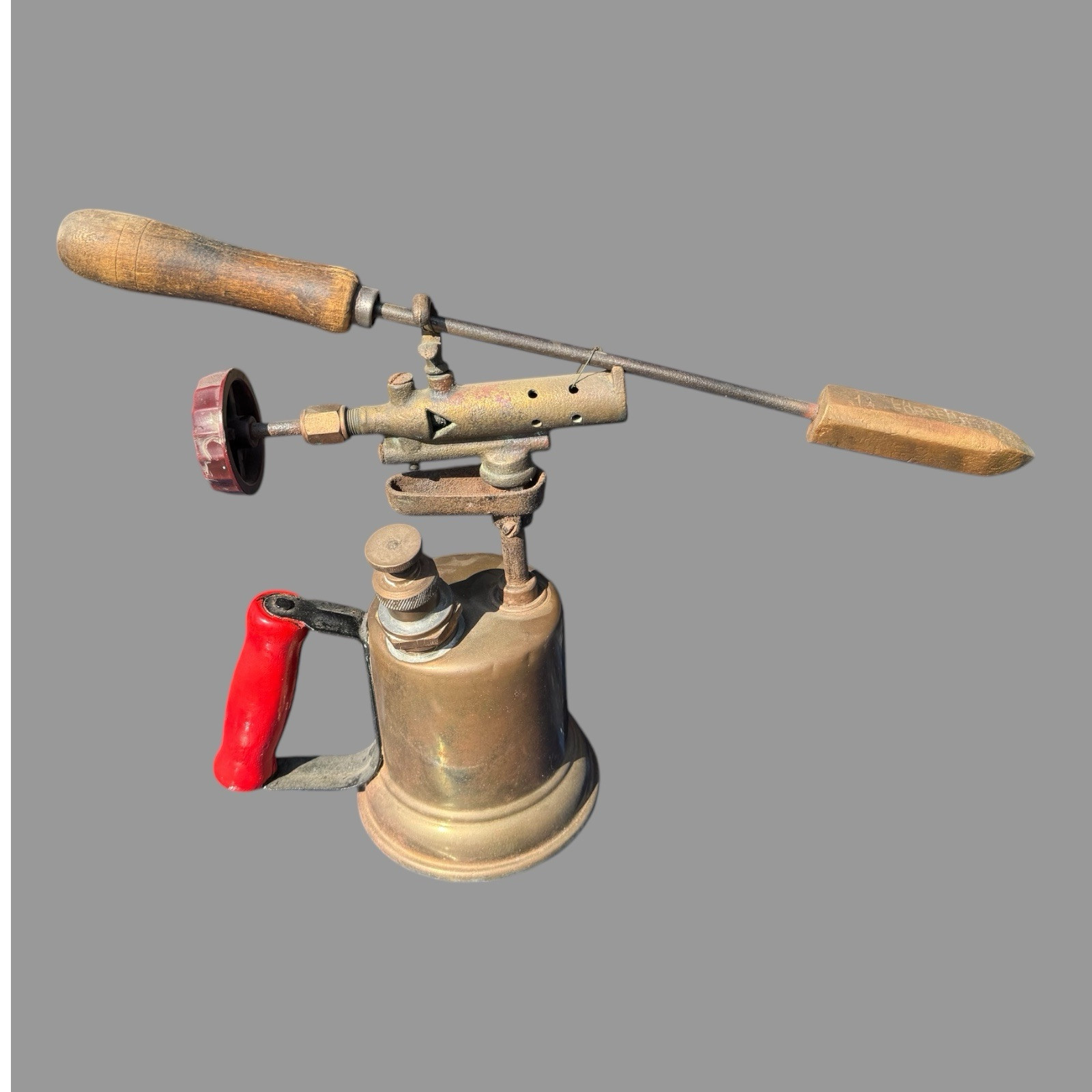 Vintage Antique Brass Blow Torch with Solder Iron Red Handle