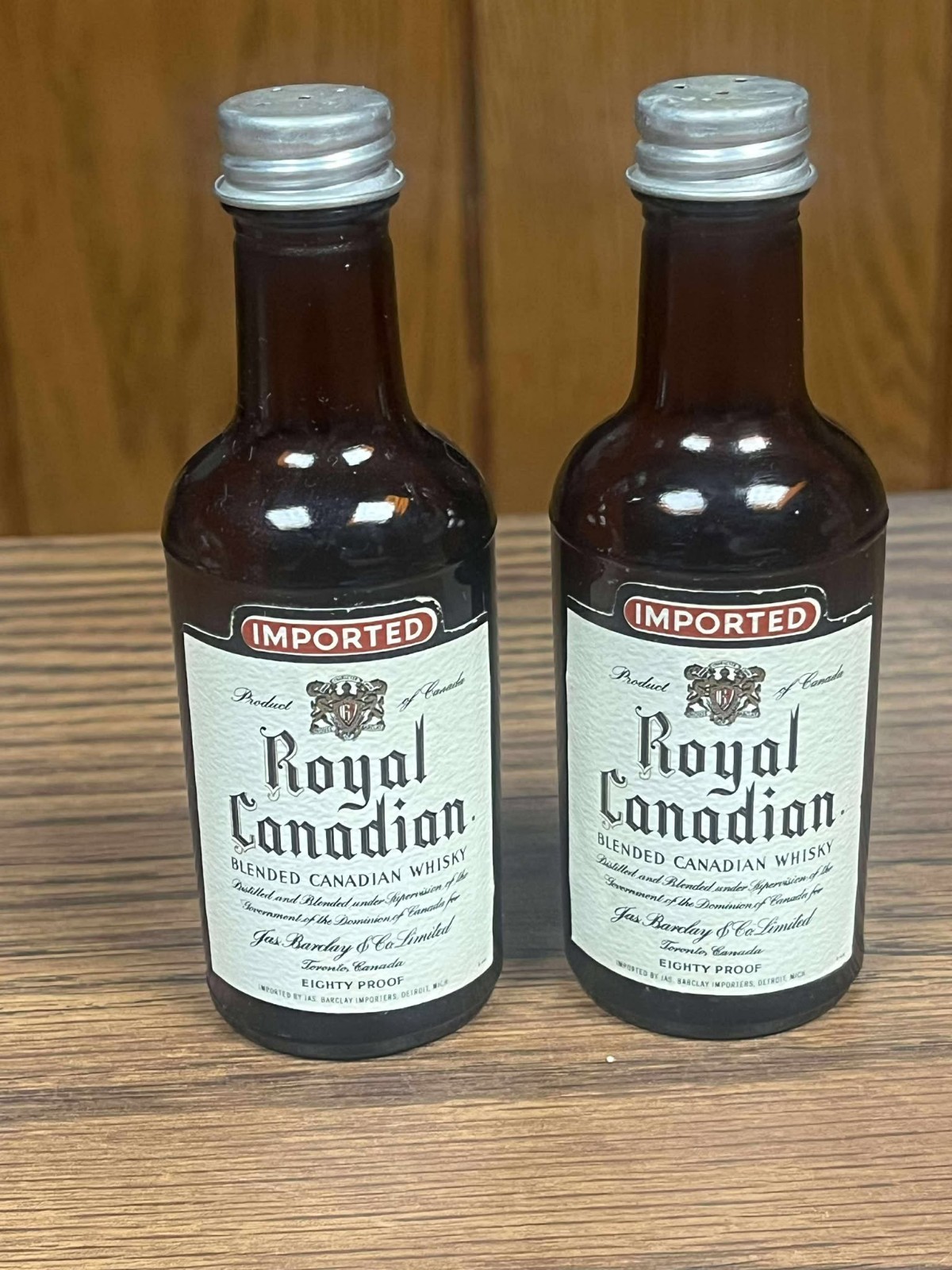1972 ROYAL CANADIAN EMPTY MINI MINIATURE 1/10 PINT SALT & PEPPER BOTTLE SHAKERS