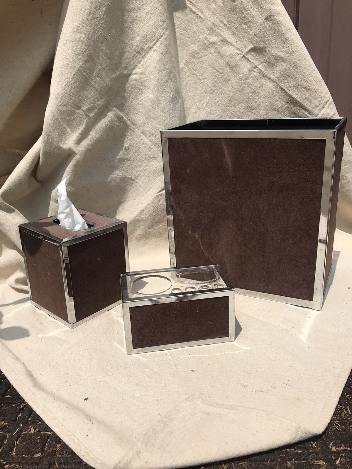 MCM Chrome Suede Wastebasket Tissue Makeup Holder Set Stylebuilt Accessories