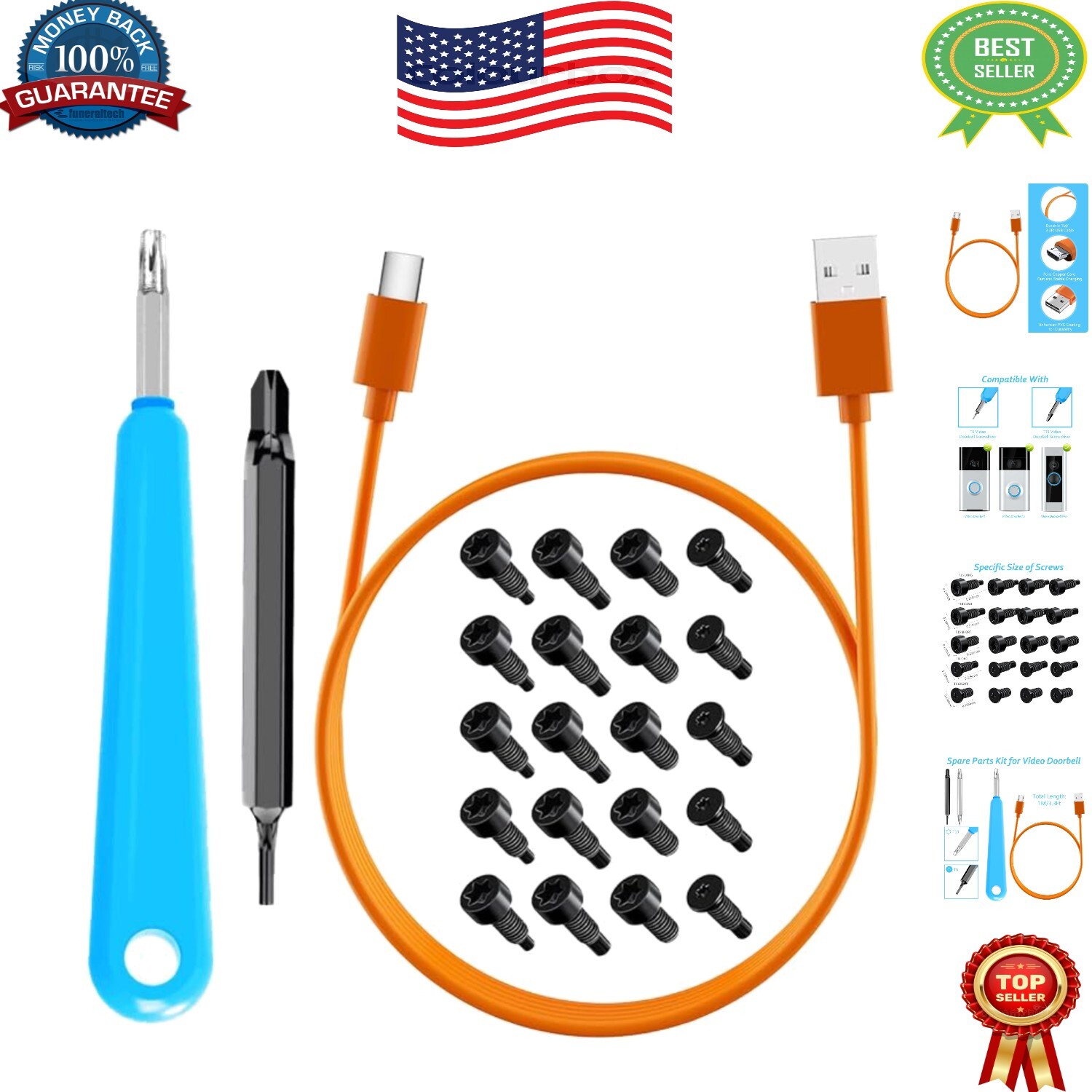 Universal Ring Doorbell Accessories Kit - 3.3Ft USB Charger & 20 Durable Screws