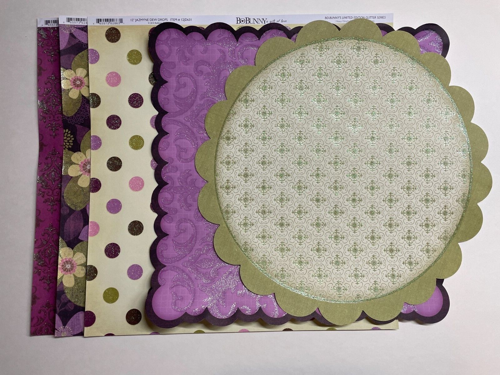 BO BUNNY "JAZMYNE" GLITTERED HEAVY PAPERS AND DIE CUTS (APPROXIMATELY 12X12)