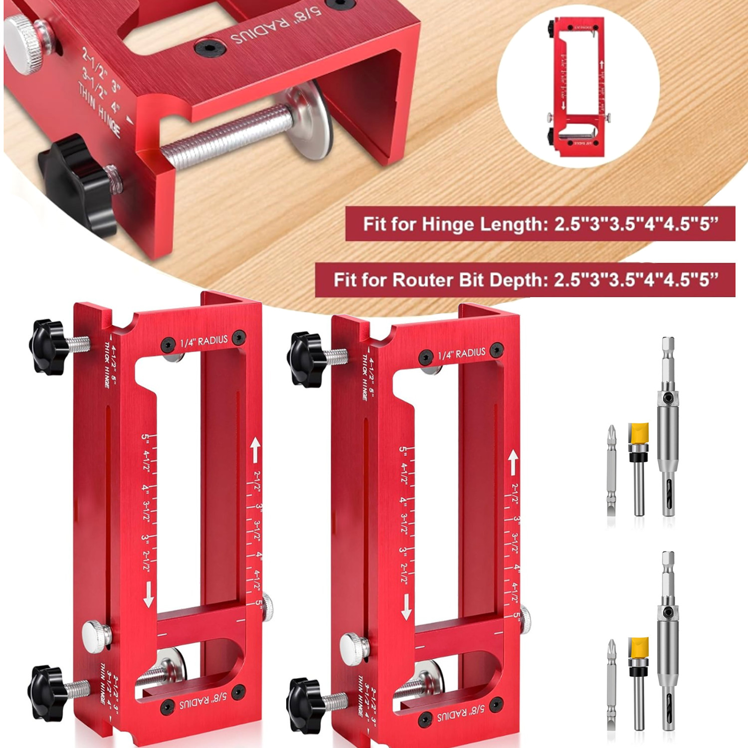 2X Door Hinge Jig Aluminum Alloy Door Hinge Template Kit for Router 2.5" to 5"L