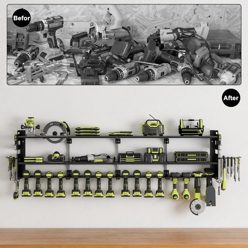Tool Organizer Wall Mount, 16 Slots, 3-Tier Drill & Cordless Tool Storage Holder