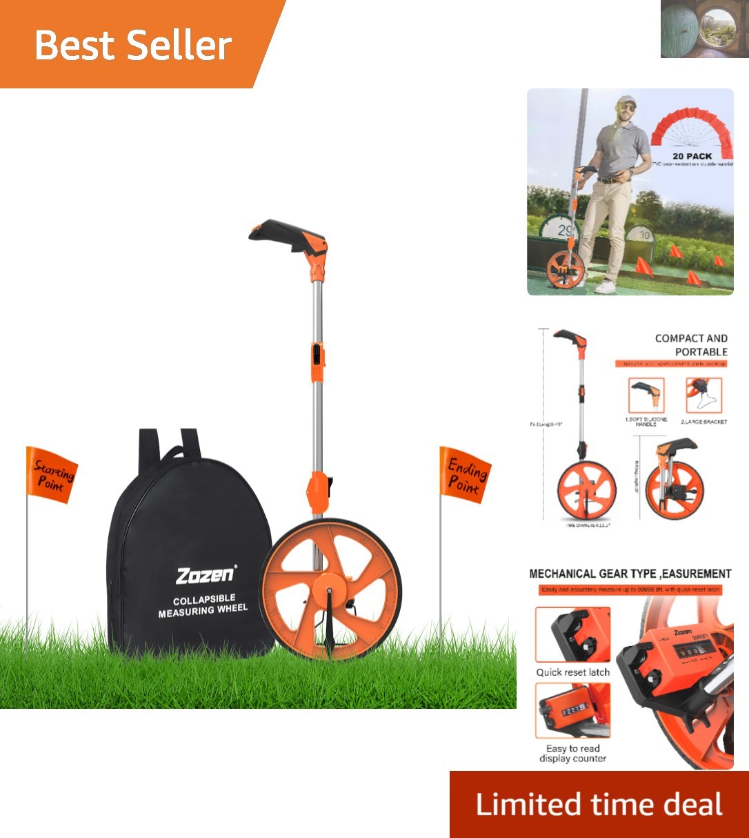 Precision Measuring Wheel with 20 PVC Marking Flags - Portable & Collapsible