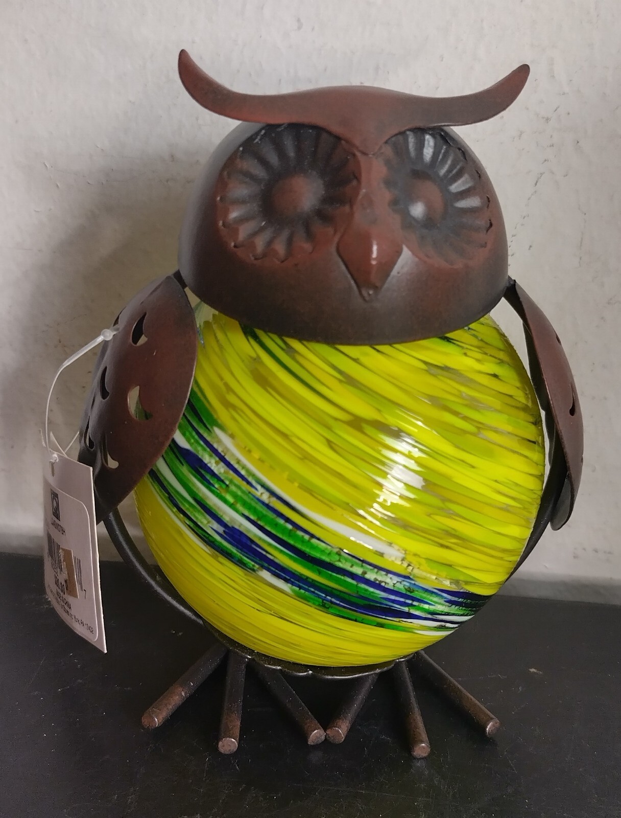Fused Metal Owl Daisy Eyes Figure w/ Glow Glass Body. 5 In, Garden Or Home Deco