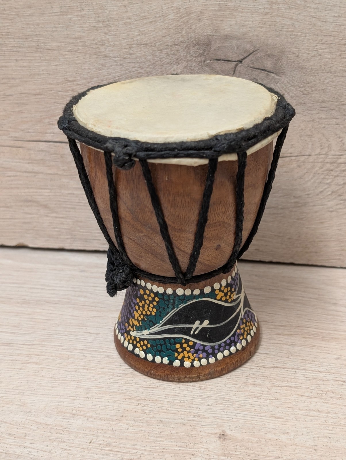 Mini Djembe Drum Hand Painted Dot Art African Bongo Percussion Wood Animal Skin