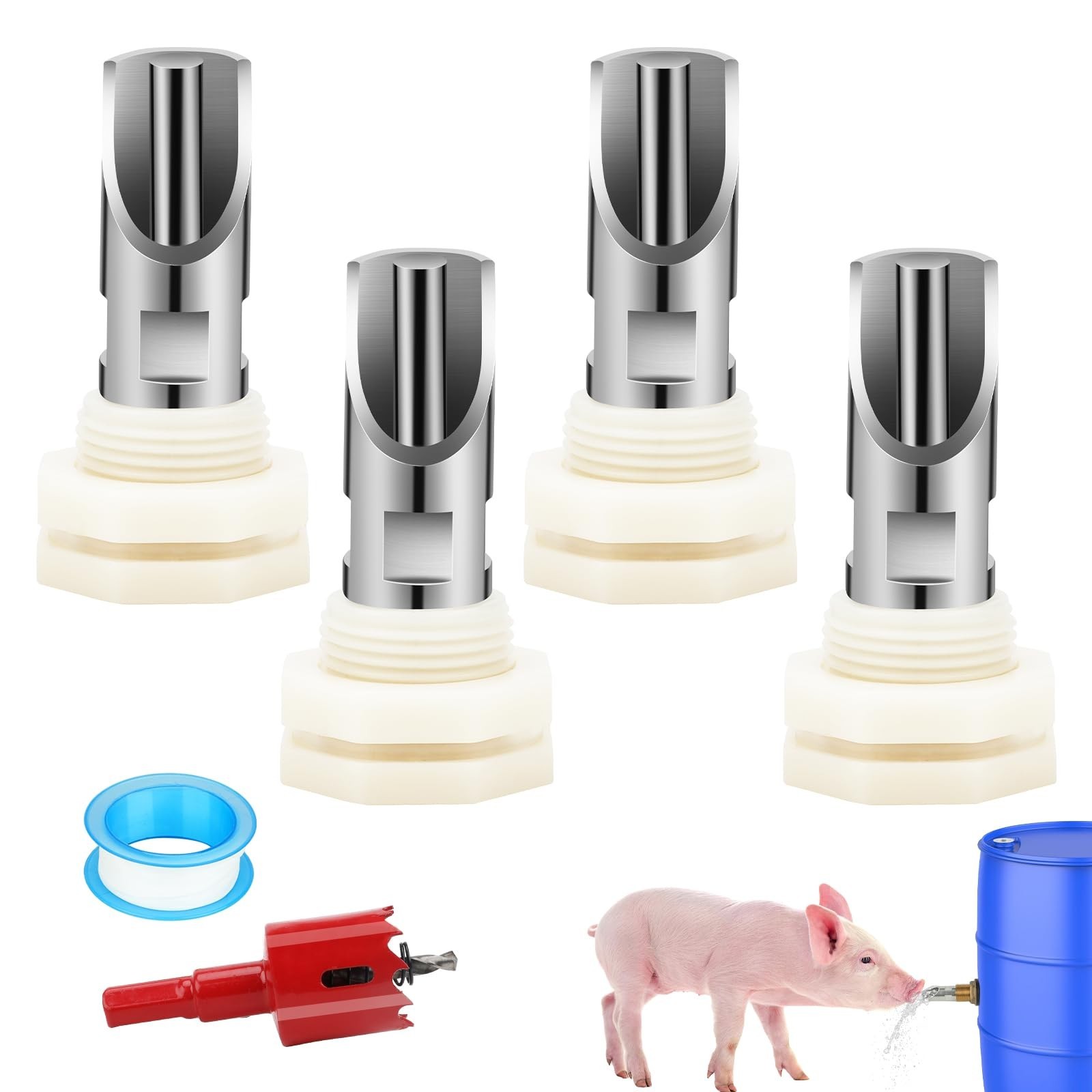 4PCS Pig Nipple Water Drinker for Barrel Kit, Stainless Steel Pig Waterer Nip...