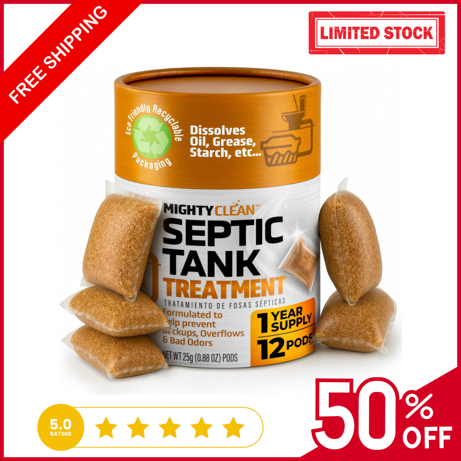 Septic Tank Treatment 12Pcs for 1-Year Supply, Dissolvable Septic Tank Treat NEW