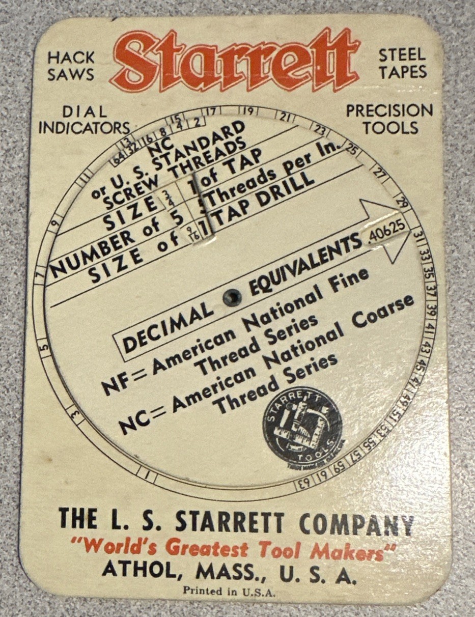 1943 L.S. Starrett Company Screw Threads & Tap Drill Spin Dial Calculator