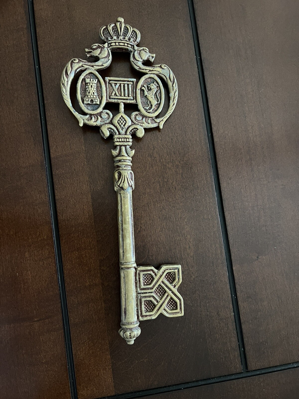 Antique Heavy King Alfonso XIII Brass Court Chamber Key 11.5 x 4.25 RARE 1.6 Lbs