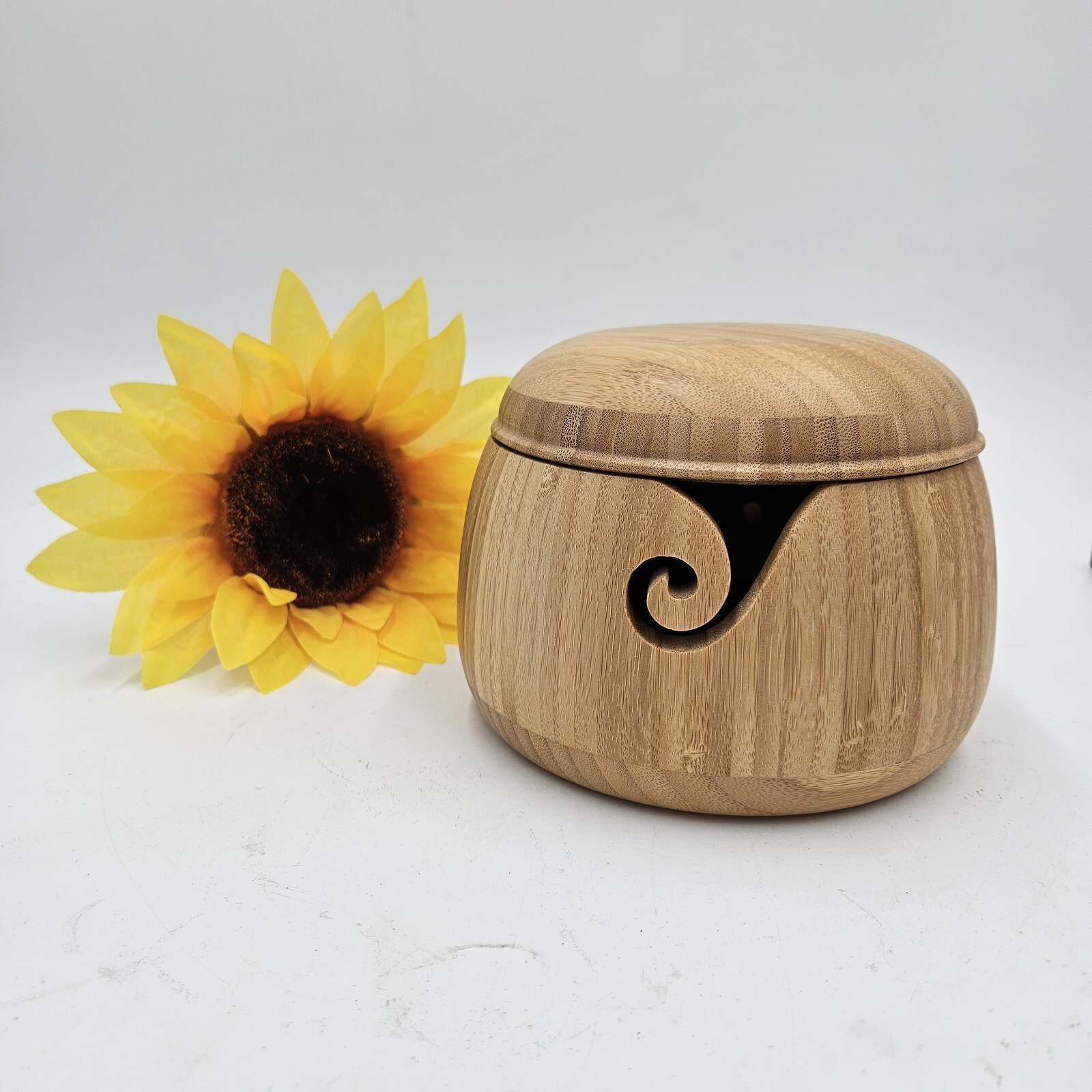 Yarn Bowl with Lid Portable Knitting Crochet Swirl Bamboo Wood