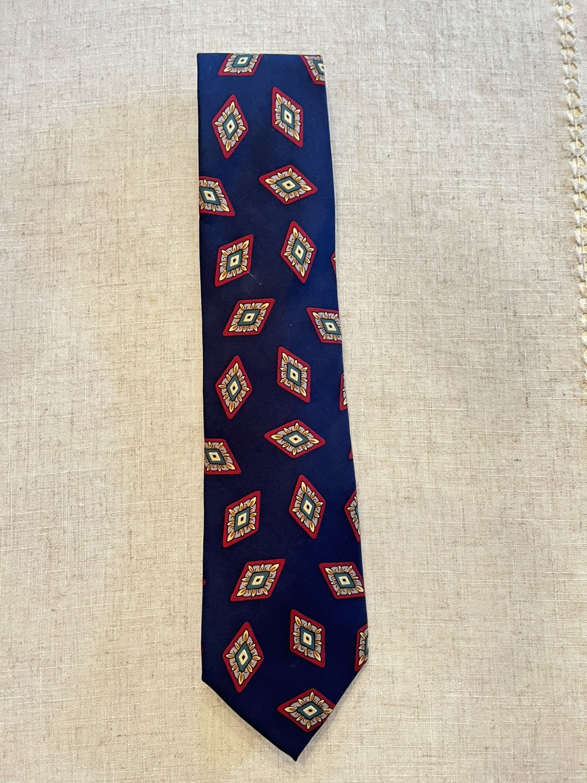 Men’s Lands’ End 100% Silk Tie Navy Geometric Pattern Hand Sewn USA