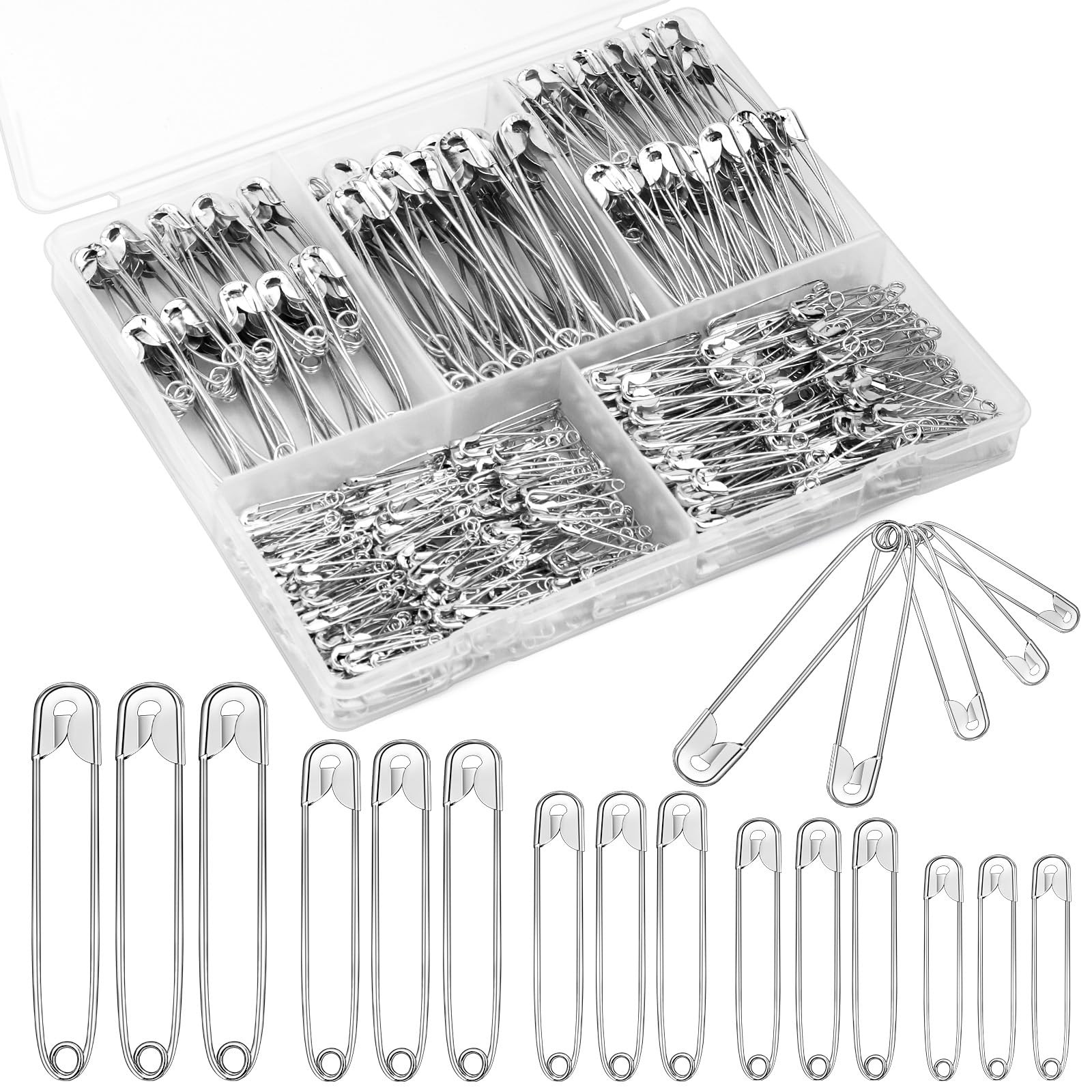 500 Ps 5 Sizes Safety Pins Assorted Size Rust-Resistant Nickel Plated Steel Asso
