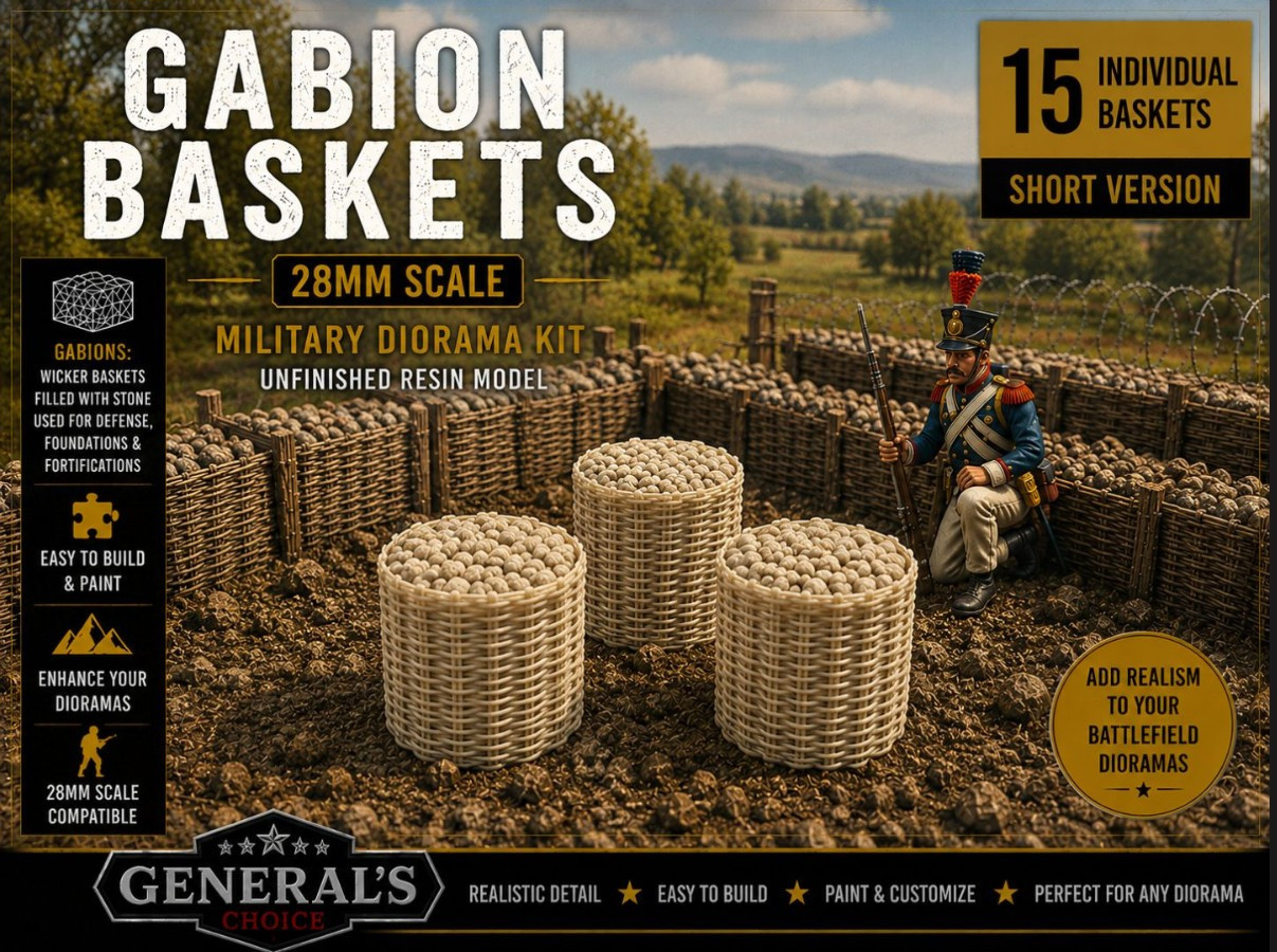 28mm Gabion Baskets Short, Wargaming Terrain Barrière ACW AWI Napoleon 15 pcs