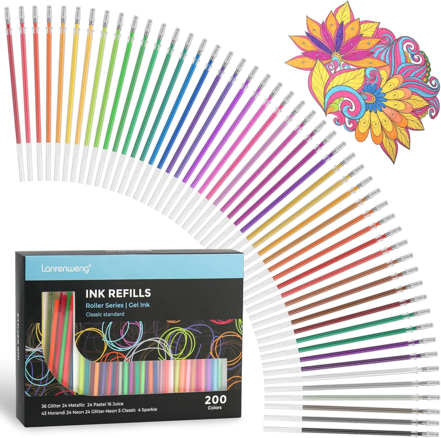 200 Colors Gel Pen Refills, Glitter Neon Gel  Pens Refills,Replace Cartridges fo