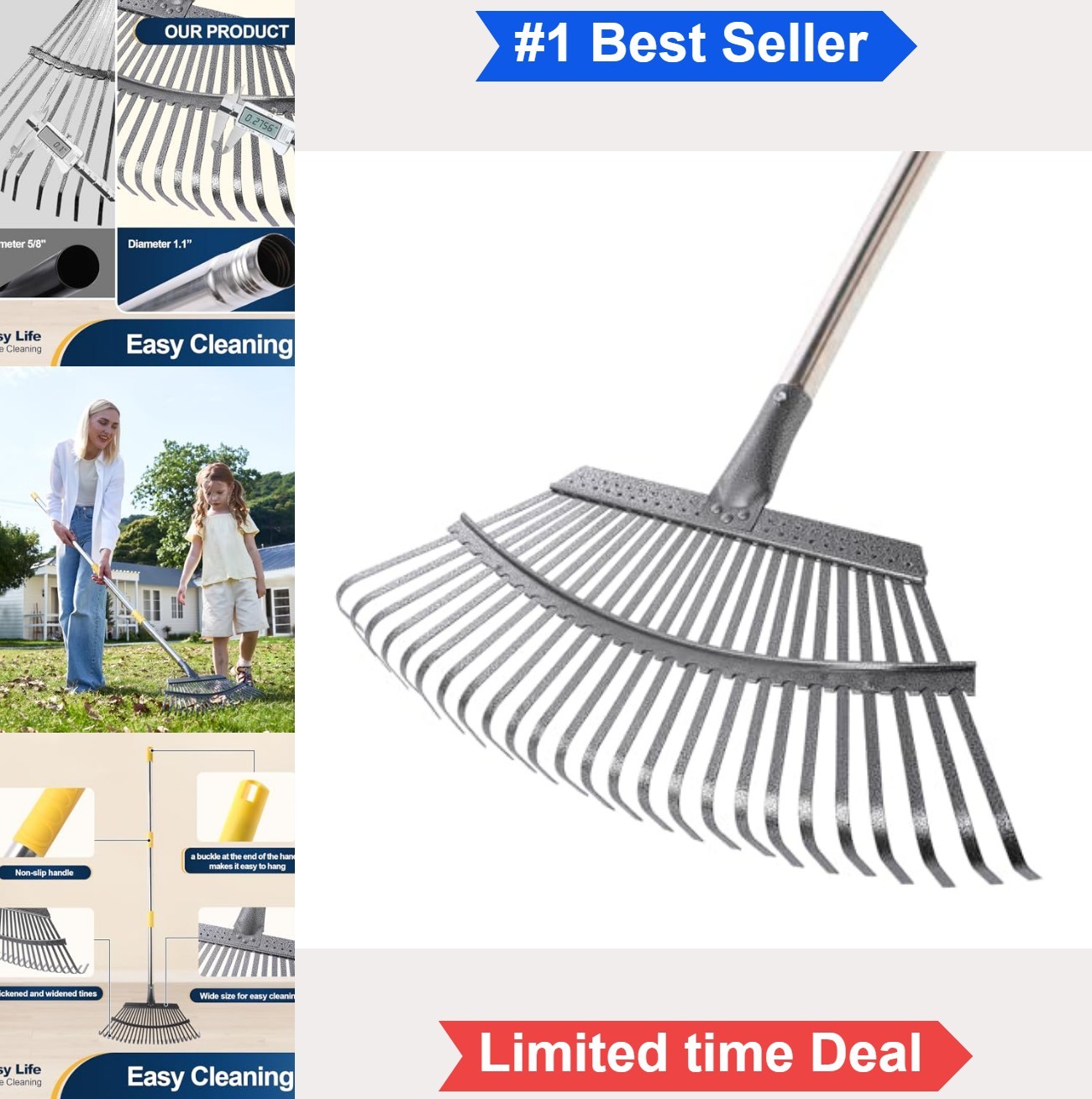 Garden Leaf Rake 19.3 Inch 25 Tines Adjustable Handle 39-69 Inch Yard Lawn