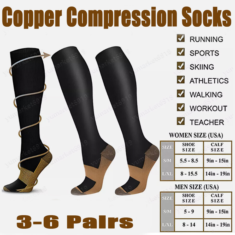 6 Pairs Copper Compression Socks 20-30mmHg Graduated Support Mens Womens S-XXL