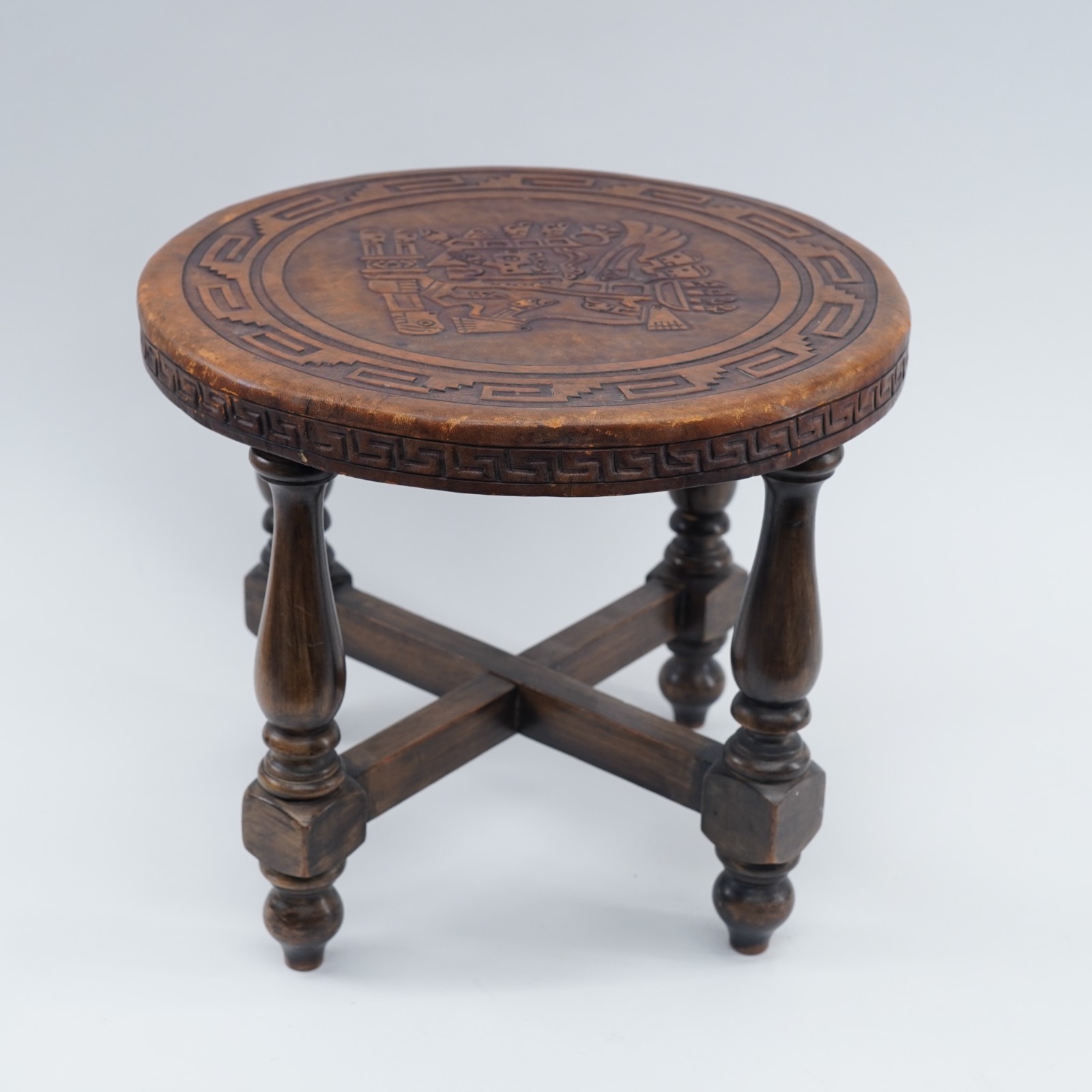 Hand Tooled Leather Top Wooden Stool Ottoman Ethnic Peru Mayan Aztec Warrior