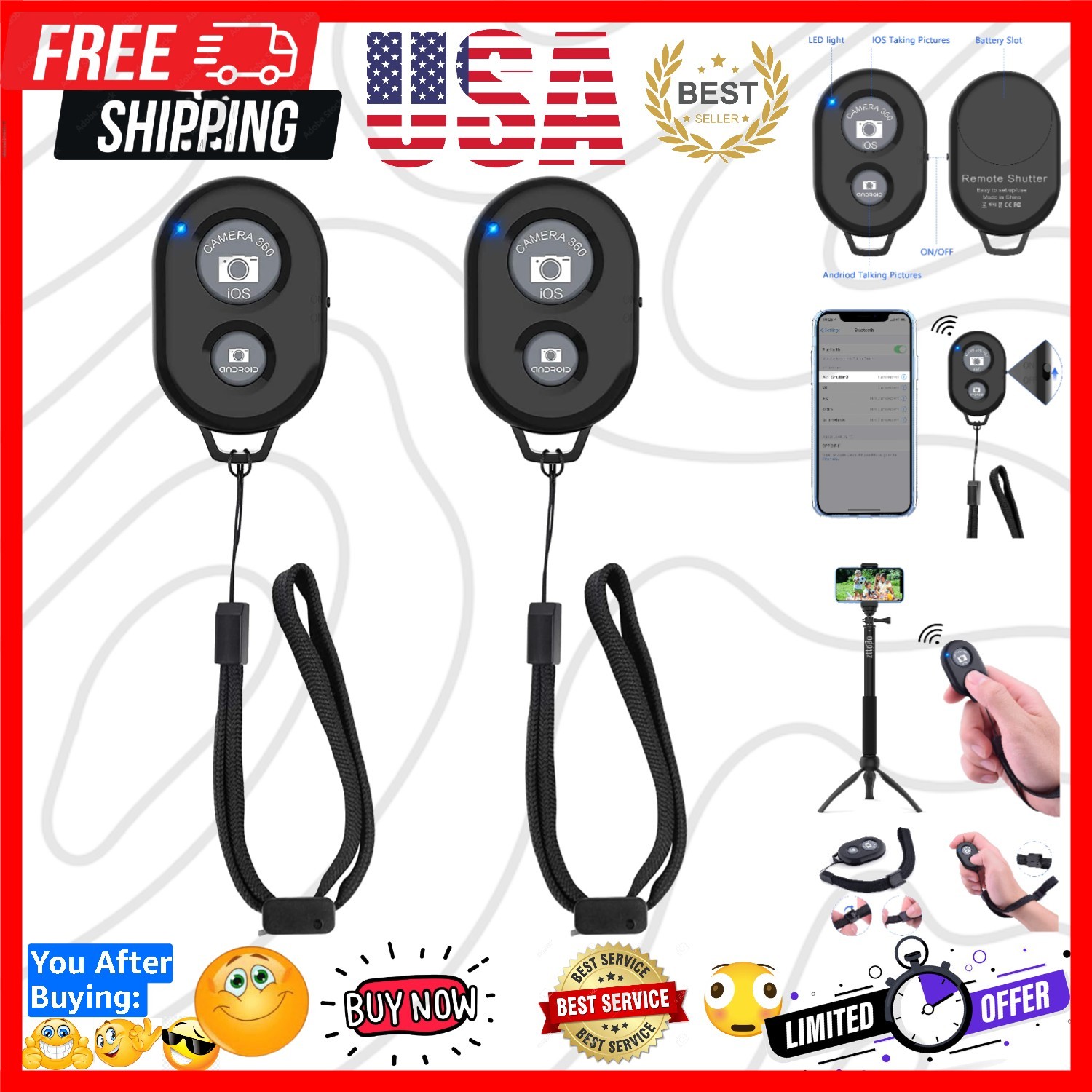 Wireless Camera Remote Shutter for Smartphones 2 Pack, Wireless Phone Camera ...