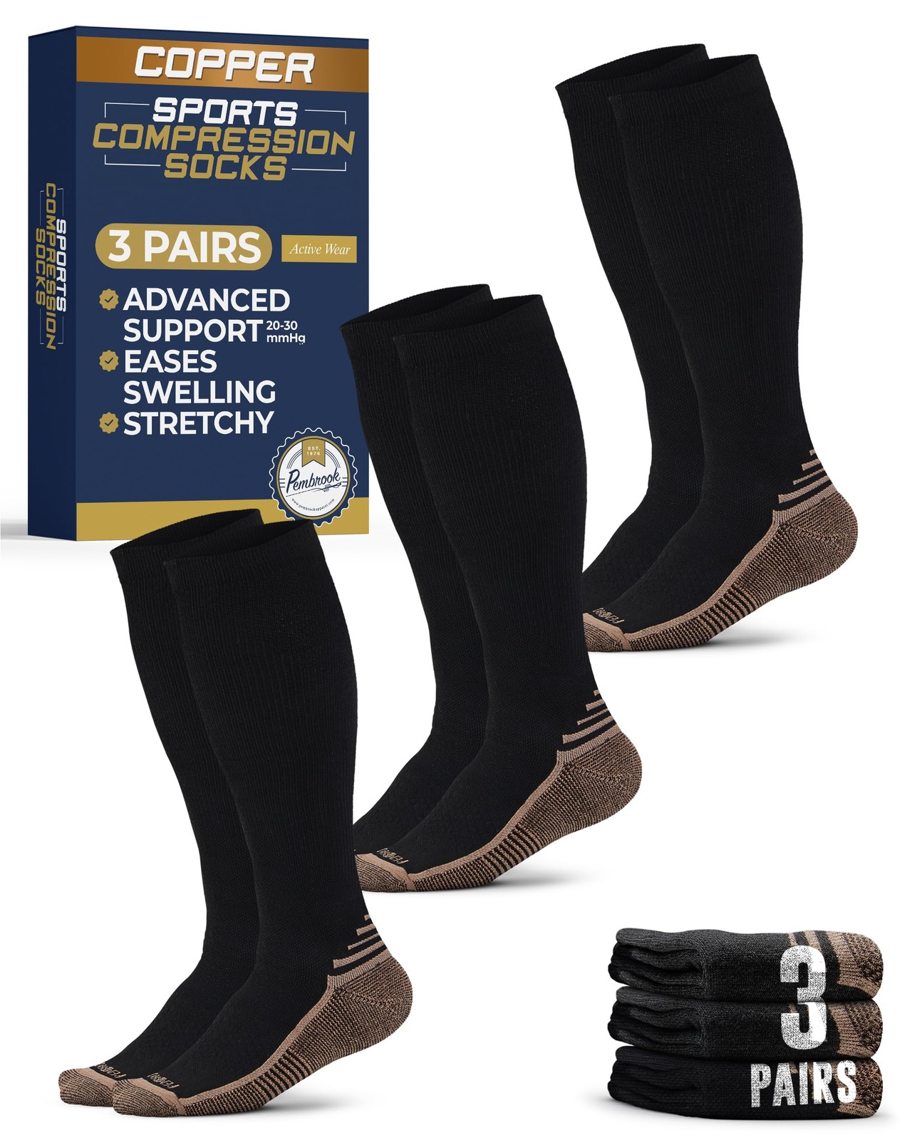 Pembrook 3 Pairs Copper Compression Socks Men 20-30 Large, Black - 3