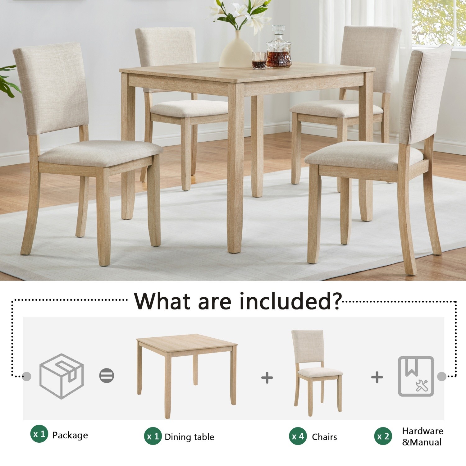5 Piece Dining Table Set Wood Dining Table with 4 Upholstered Chair for Kitchen