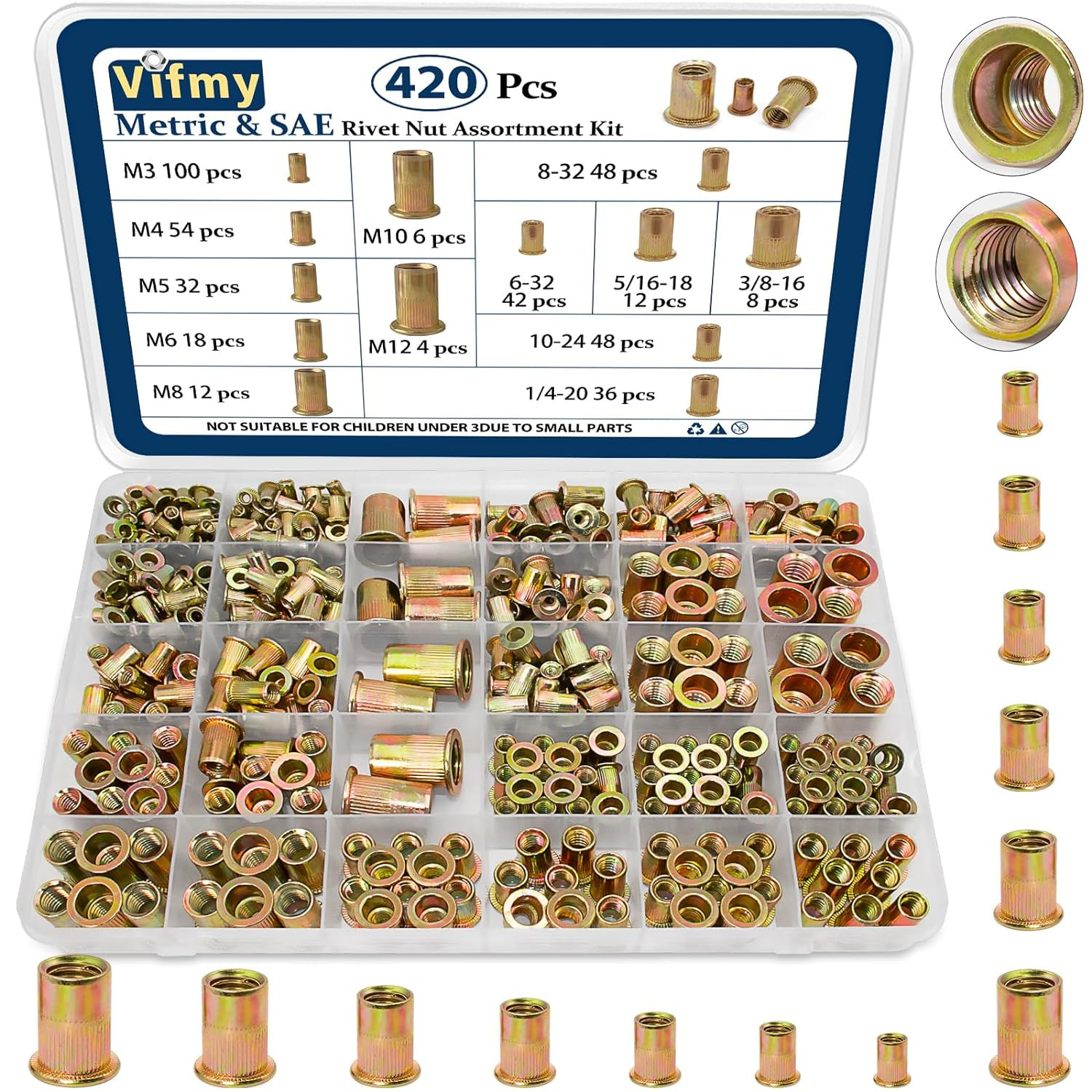 Metric & SAE Rivet Nut Assortment Kit(420 Pcs),M3 M4 M5 M6 M8 M10 M12#6-32#8-...