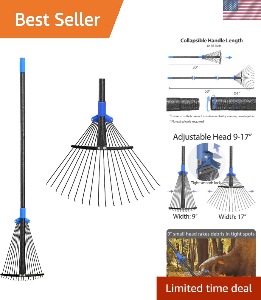Expandable Rake with Long Handle for Easy Yard Work - From Pine Straw to Leaves