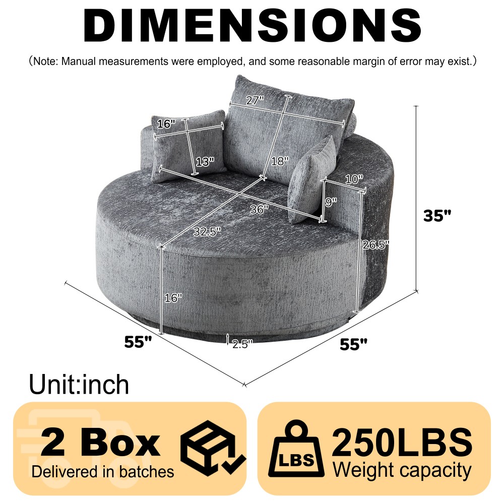 Chenille Foam Swivel Chair, 360° Rotating Modern Sleeper for Living Room, Grey