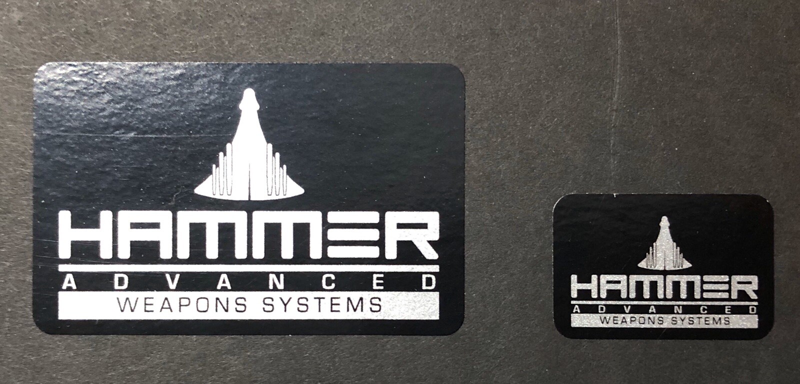 • HAMMER ADVANCED WEAPONS SYSTEMS • 3" METALLIC SILVER PROP DECALS • IRON MAN •
