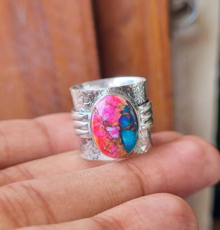 Pink Copper Turquoise Gemstone Ring Solid 925 Sterling Silver Beautiful Ring MK*