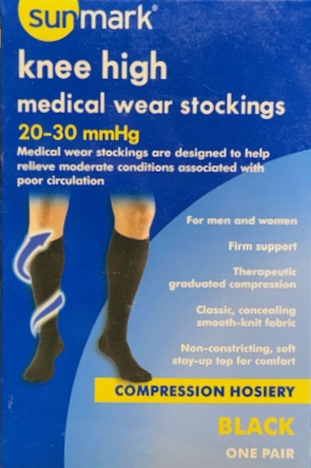 Sunmark Knee High, Medical Wear Stockings, 20-30mmHg (Size: 3XL) Black